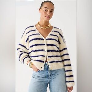 NWT Sweater lady jacket in striped brushed yarn size L (read more) Navy/Cream